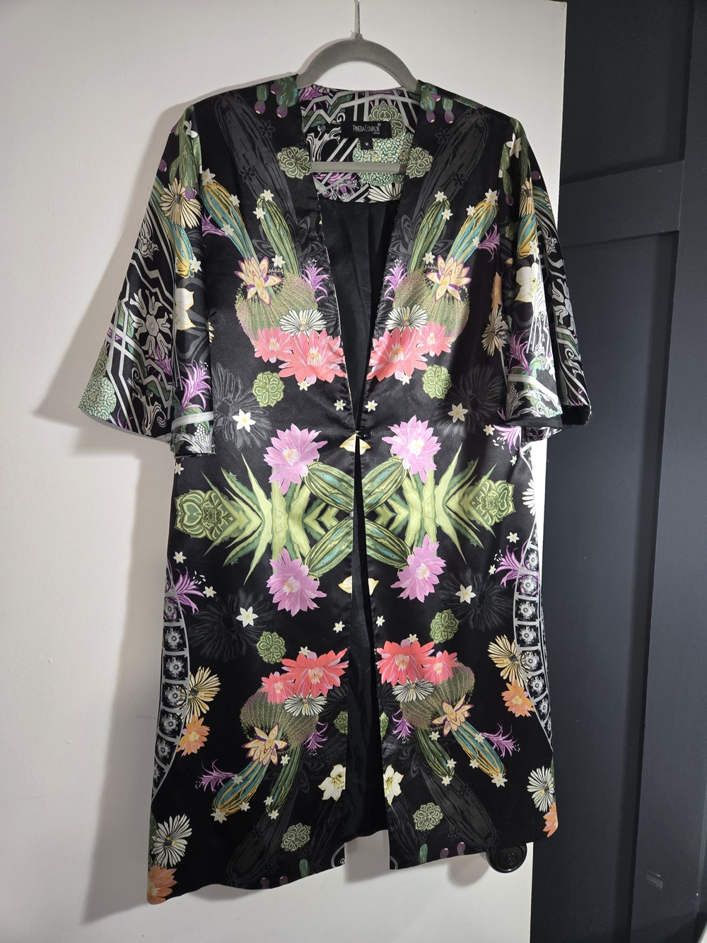Pineda Covalin Floral Satin Kimono Jacket in Black with Pink & Green Accents